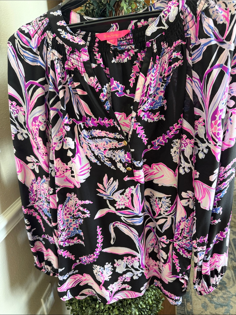 Lilly Pulitzer Black Floral V-Neck Blouse with Pink & Lavender Print